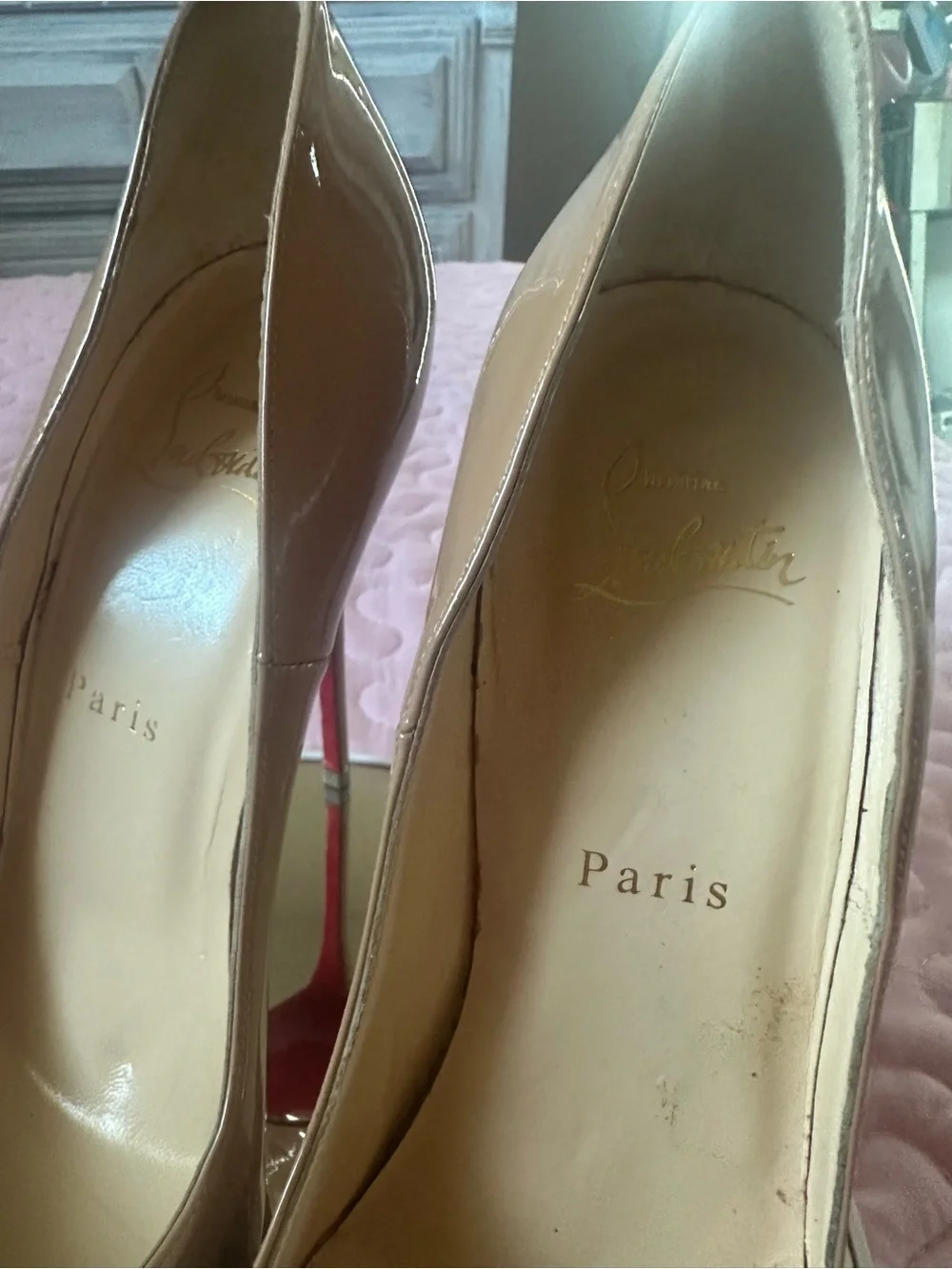 Christian Louboutin Nude Patent Pointed-Toe Pumps with Red Soles